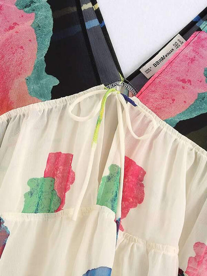 Graphic Print Ruffle Hem Sheer Chiffon Blouse - LuckyFash™