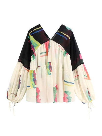 Graphic Print Ruffle Hem Sheer Chiffon Blouse - LuckyFash™