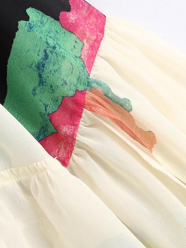 Graphic Print Ruffle Hem Sheer Chiffon Blouse - LuckyFash™