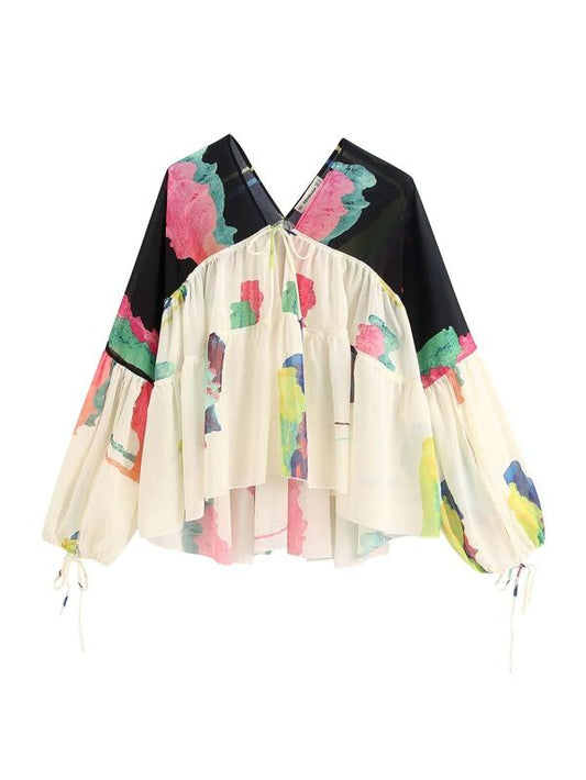 Graphic Print Ruffle Hem Sheer Chiffon Blouse - LuckyFash™