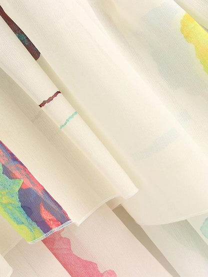 Graphic Print Ruffle Hem Sheer Chiffon Blouse - LuckyFash™