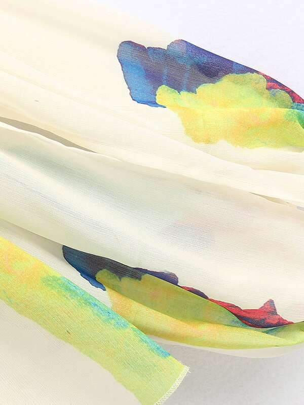 Graphic Print Ruffle Hem Sheer Chiffon Blouse - LuckyFash™