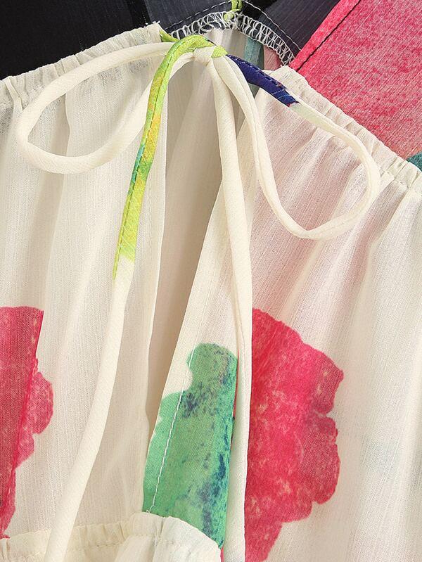 Graphic Print Ruffle Hem Sheer Chiffon Blouse - LuckyFash™