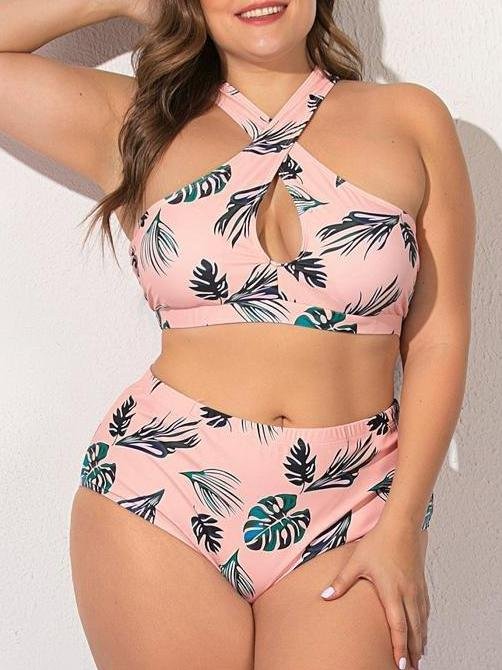 Green Leaf Cross Plus Size Split Swimsuit - LuckyFash™
