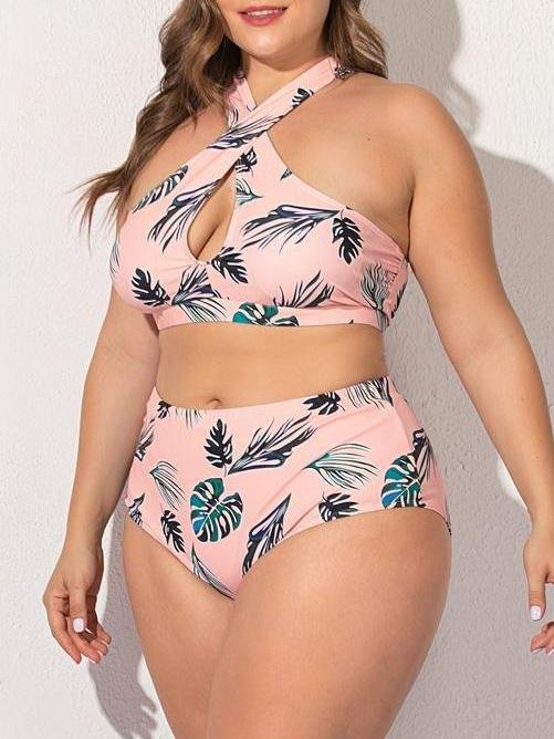 Green Leaf Cross Plus Size Split Swimsuit - LuckyFash™