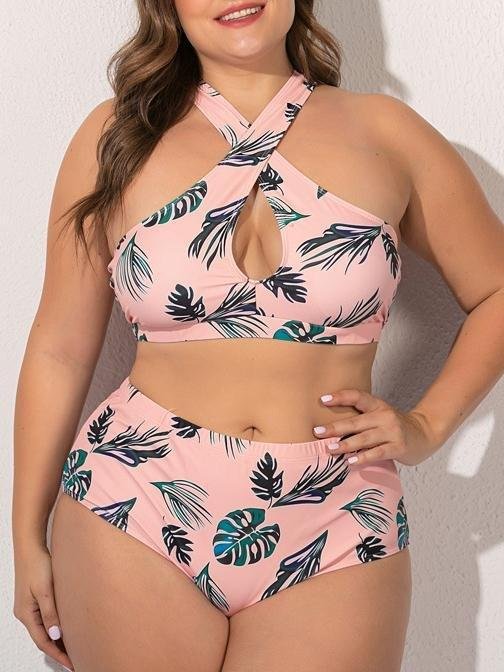 Green Leaf Cross Plus Size Split Swimsuit - LuckyFash™