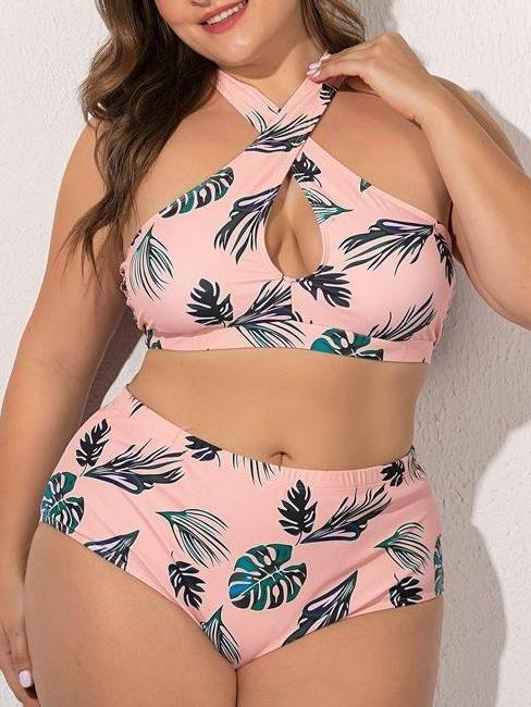 Green Leaf Cross Plus Size Split Swimsuit - LuckyFash™