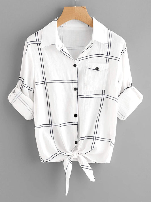 Grid Print Self-Tie Short Sleeve Shirt - LuckyFash™