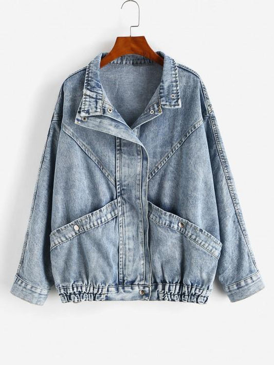 Grunge Snap Button Big Pocket Dolman Sleeve Denim Jacket - LuckyFash™