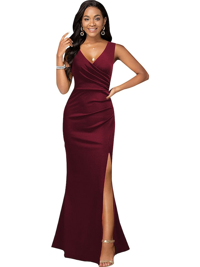 Formal Party Dress Sheath Dress Long Dress Maxi Dress Black Wine Red Sleeveless Pure Color Split Spring Summer V Neck Slim  S M L XL XXL for Women - LuckyFash™