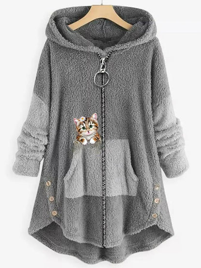 Fleece Jacket Pullover Casual Sherpa Fleece Teddy Zip Up Front Pocket Black Light Green Pink Cat Street Hoodie Plus Size Long Sleeve Fleece for Women - LuckyFash™