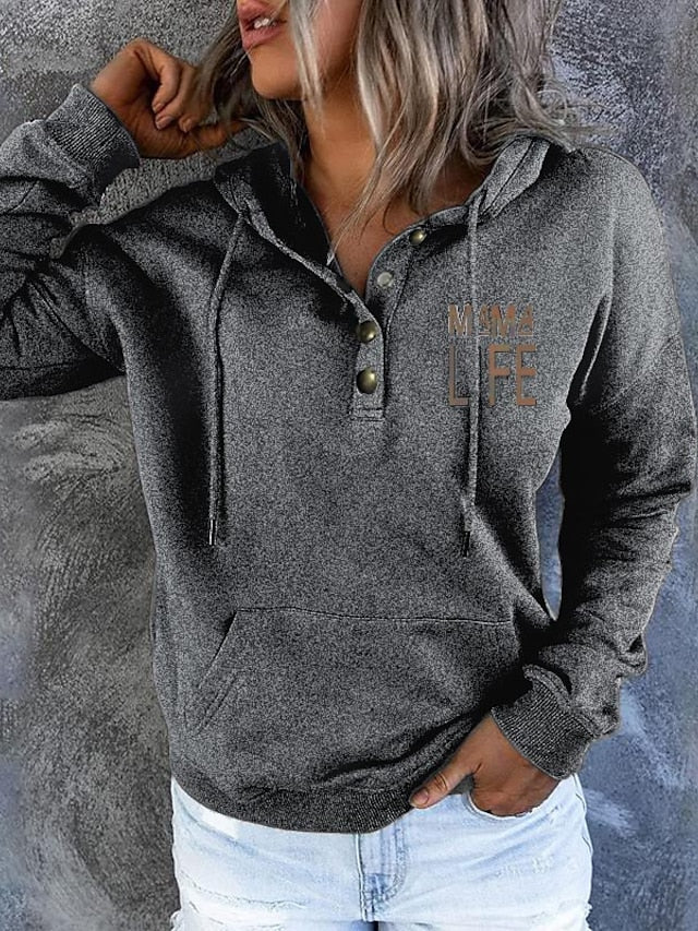 Women's Hoodie Sweatshirt Pullover Active Streetwear Button Front Pocket Blue Purple Pink Mama Life Casual Hoodie Long Sleeve S M L XL XXL - LuckyFash™