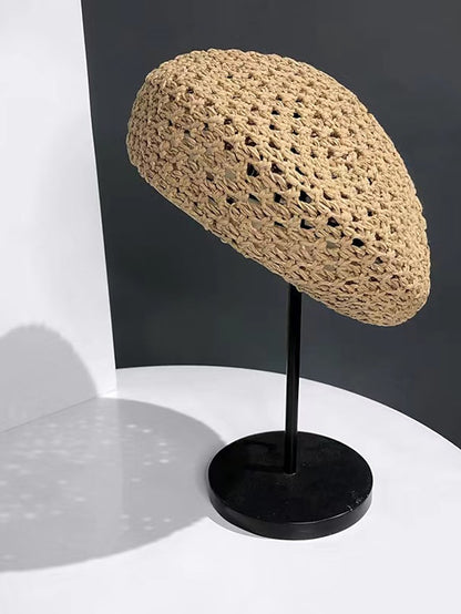 Spring Summer Breathable Straw Hat Female Unique Beret Black Khaki Beige British Beret Hat Hollow Artistic Painter Hat - LuckyFash™
