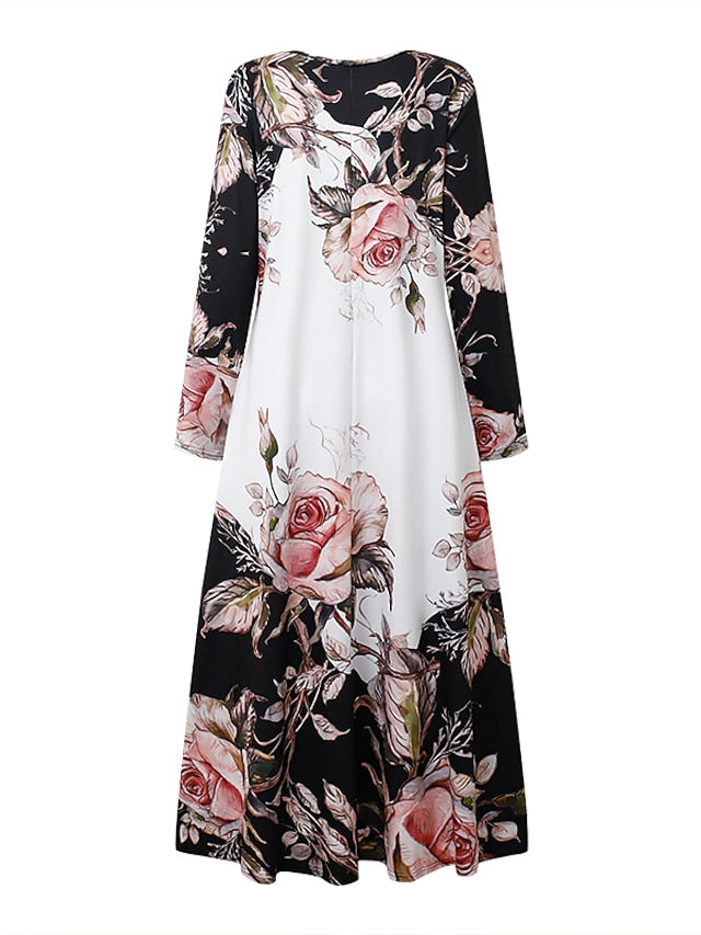 Women's Floral Crew Neck Long Dress Maxi Dress Casual Dress Print Dress Casual Outdoor Daily Weekend Print Long Sleeve Dress Regular Fit White Fall Spring S M L XL XXL - LuckyFash™