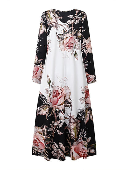 Women's Floral Crew Neck Long Dress Maxi Dress Casual Dress Print Dress Casual Outdoor Daily Weekend Print Long Sleeve Dress Regular Fit White Fall Spring S M L XL XXL - LuckyFash™