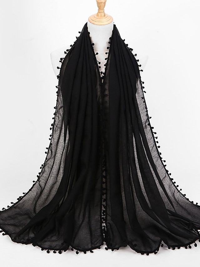 Plain Soft with small Pom Pom Ball Viscose Shawl Scarf Lady High Quality Wrap Muslim Hijab 180*80Cm - LuckyFash™