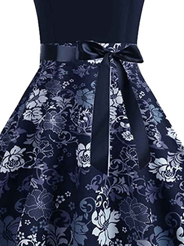 Women's Elegant Retro Vintage Tea Dresses Swing Dress Midi Dress Party Birthday Lace Bow Floral Crew Neck Sleeveless Regular Fit Spring Summer 2023 Dark Blue S M L XL - LuckyFash™