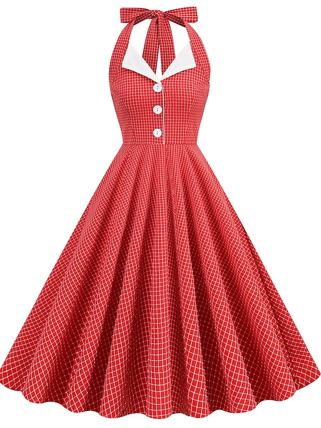 Women's Elegant Retro Vintage Dress Midi Dress Outdoor Daily Ruched Backless Plaid Halter Sleeveless Slim Summer Spring 2023 Lake blue Almond S M L XL - LuckyFash™