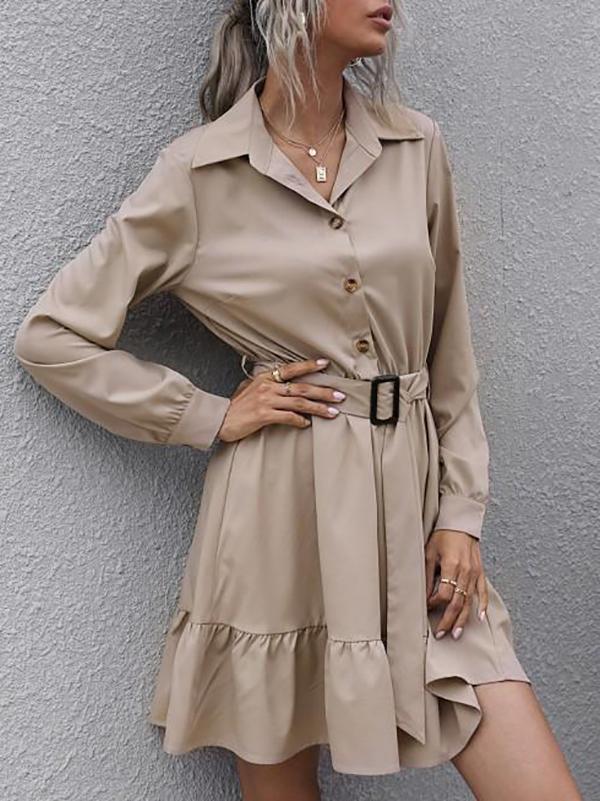 Half Button Belted Flounce Shirt Dress - LuckyFash™