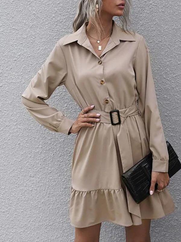 Half Button Belted Flounce Shirt Dress - LuckyFash™