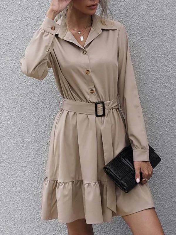 Half Button Belted Flounce Shirt Dress - LuckyFash™