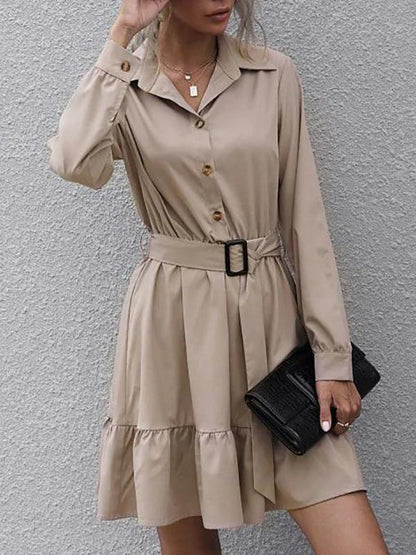 Half Button Belted Flounce Shirt Dress - LuckyFash™
