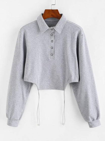 Half Button Toggle Drawstring Hem Cropped Sweatshirt - LuckyFash™