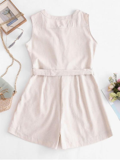 Half Buttoned Belted Flap Pockets Cargo Romper - LuckyFash™
