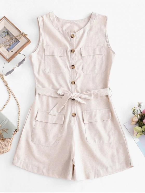 Half Buttoned Belted Flap Pockets Cargo Romper - LuckyFash™