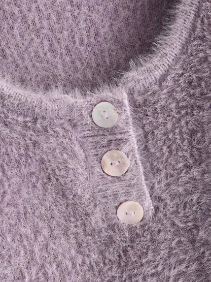 Half Buttoned Fuzzy Cropped Sweater - LuckyFash™
