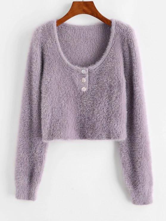 Half Buttoned Fuzzy Cropped Sweater - LuckyFash™
