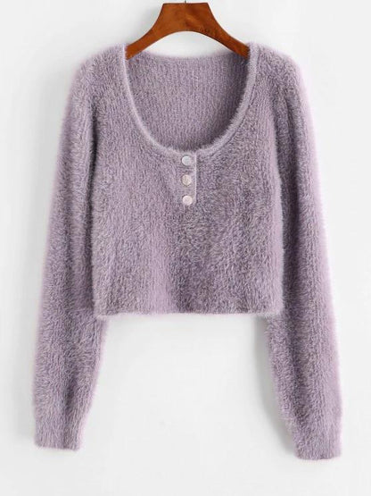 Half Buttoned Fuzzy Cropped Sweater - LuckyFash™