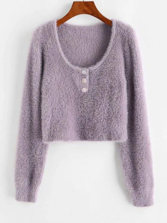 Half Buttoned Fuzzy Cropped Sweater - LuckyFash™