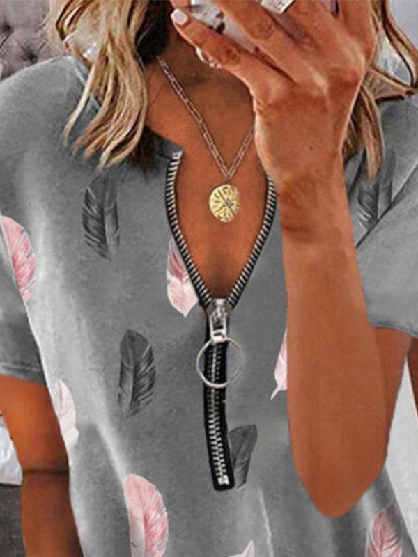 Half-open Collar Feather Print Zipped T-shirt - LuckyFash™