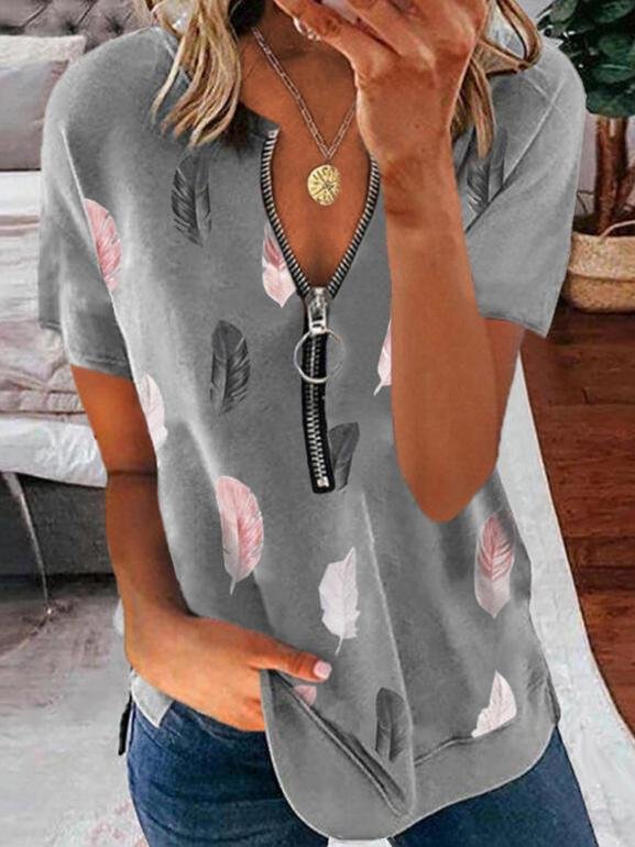 Half-open Collar Feather Print Zipped T-shirt - LuckyFash™