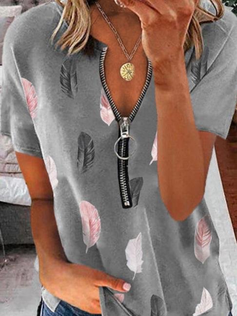 Half-open Collar Feather Print Zipped T-shirt - LuckyFash™