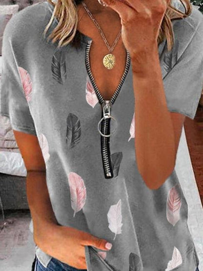 Half-open Collar Feather Print Zipped T-shirt - LuckyFash™
