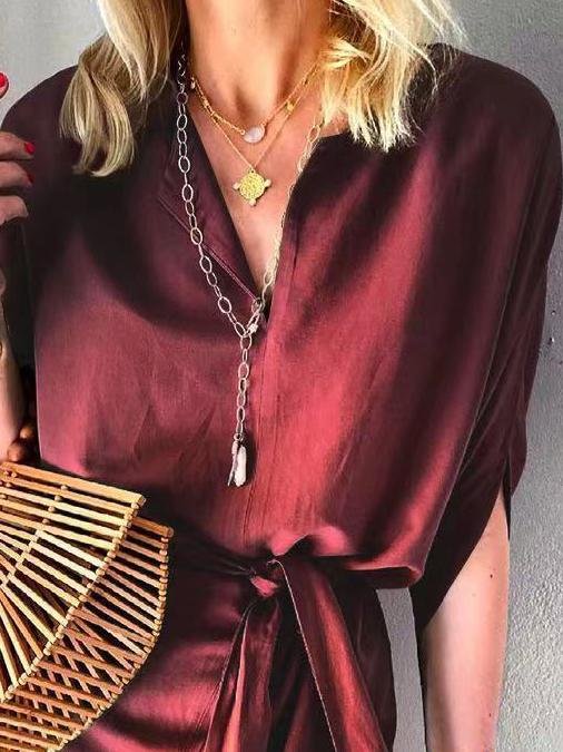 Half-Sleeve Tie Casual Solid Dress - LuckyFash™