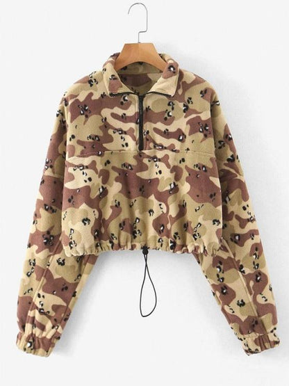 Half Zip Camo Fleece Cropped Sweatshirt - LuckyFash™