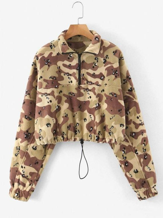 Half Zip Camo Fleece Cropped Sweatshirt - LuckyFash™