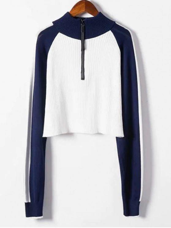 Half Zip Cropped Color Block Sweater - LuckyFash™
