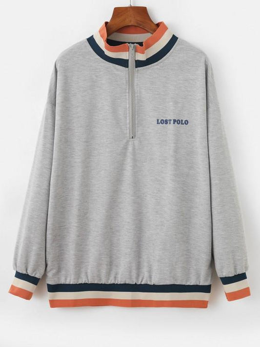 Half Zip Stripes Panel Letter Graphic Sweatshirt - LuckyFash™