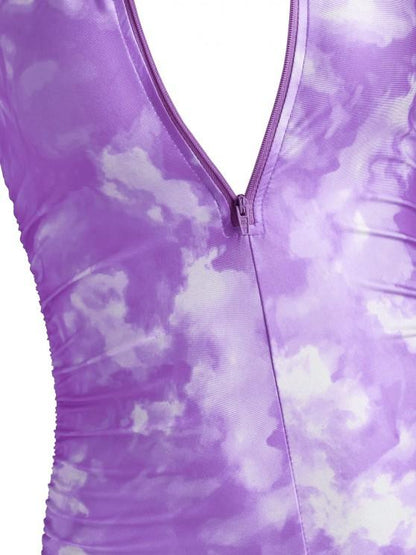 Half Zip Tie Dye Ruched Cycling Romper - LuckyFash™