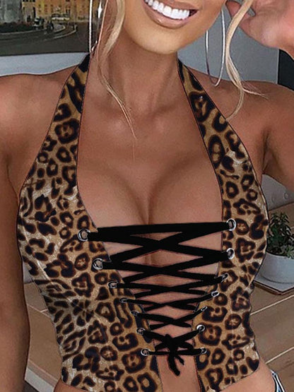 Halter Eyelet Lace-up PU Leather Crop Top - LuckyFash™