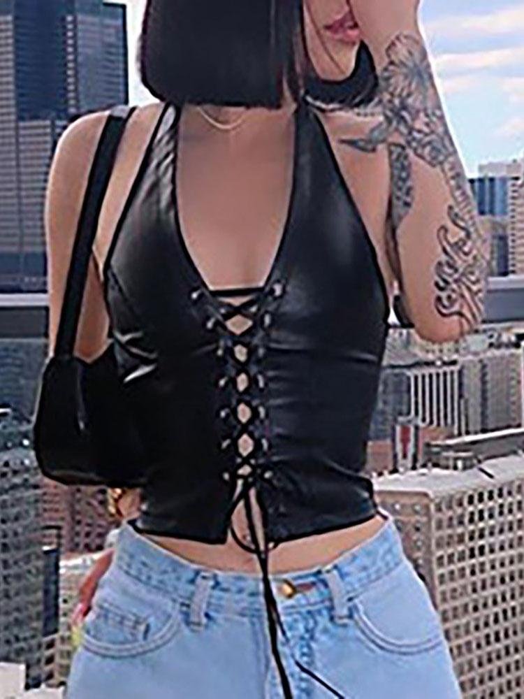Halter Eyelet Lace-up PU Leather Crop Top - LuckyFash™