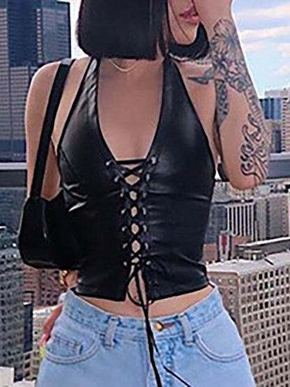 Halter Eyelet Lace-up PU Leather Crop Top - LuckyFash™