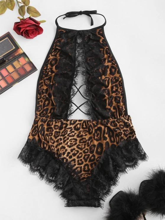 Halter Lace Trim Leopard Crisscross Cutout Teddy - LuckyFash™
