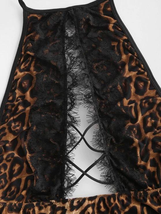 Halter Lace Trim Leopard Crisscross Cutout Teddy - LuckyFash™