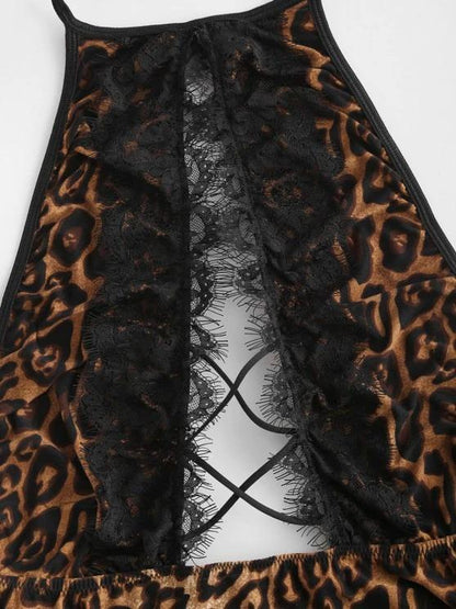 Halter Lace Trim Leopard Crisscross Cutout Teddy - LuckyFash™