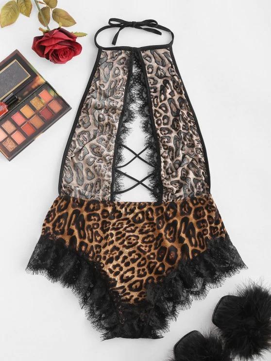 Halter Lace Trim Leopard Crisscross Cutout Teddy - LuckyFash™